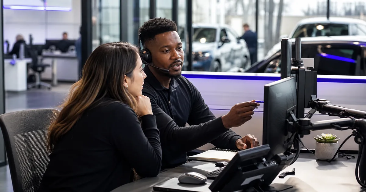 Dealership BDC professionals reviewing customer conversations and appointment workflow beside a vehicle showroom