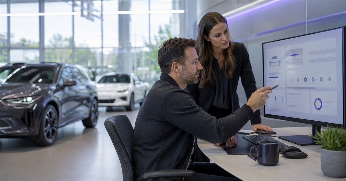 Dealership retail technology professionals reviewing a vehicle purchase journey on a monitor beside showroom cars