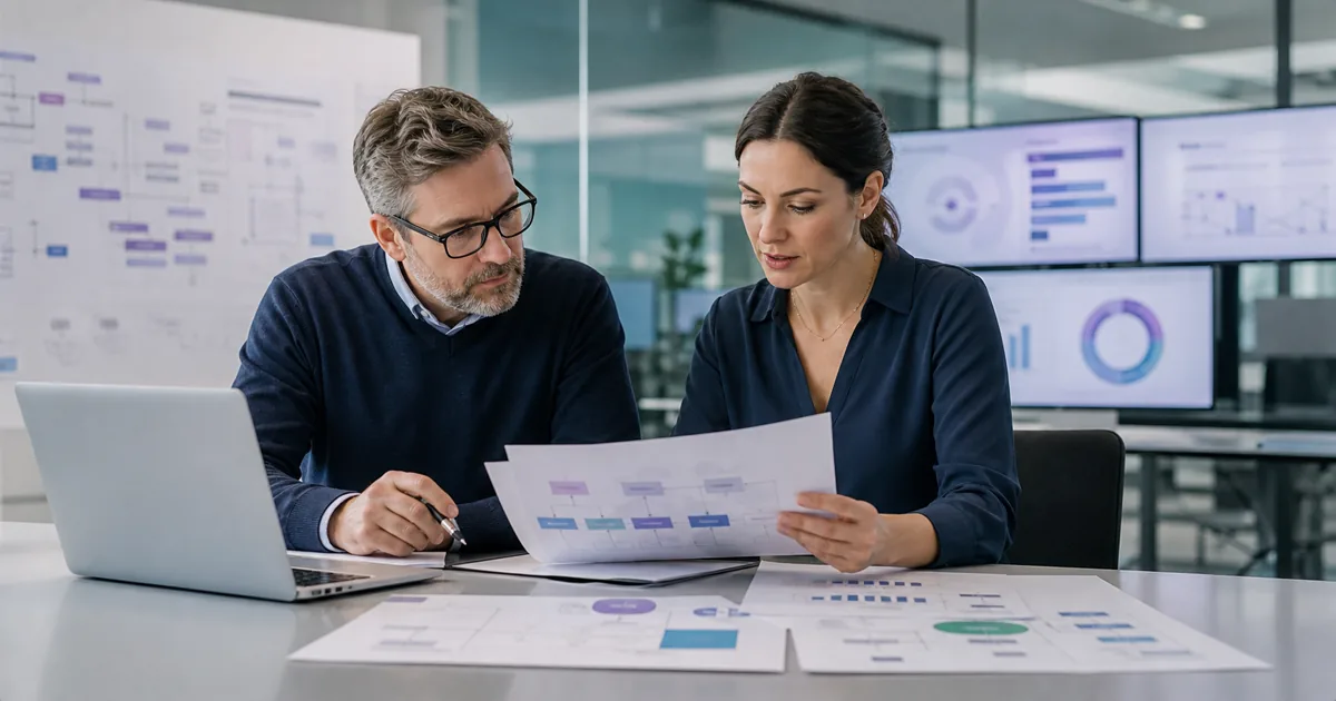Insurance programme professionals reviewing underwriting, policy administration and distribution workflow
